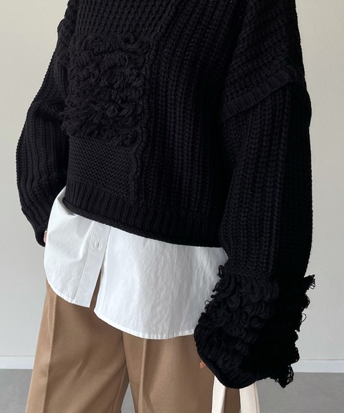 y/m by misato（イムバイミサト）の「編地切り替えショート丈ニットトップス（ニット/セーター・レディース・グレイッシュベージュ/ブラック・FREE）」の13枚目の写真