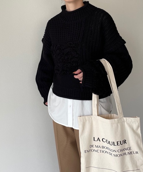 y/m by misato（イムバイミサト）の「編地切り替えショート丈ニットトップス（ニット/セーター・レディース・グレイッシュベージュ/ブラック・FREE）」の18枚目の写真