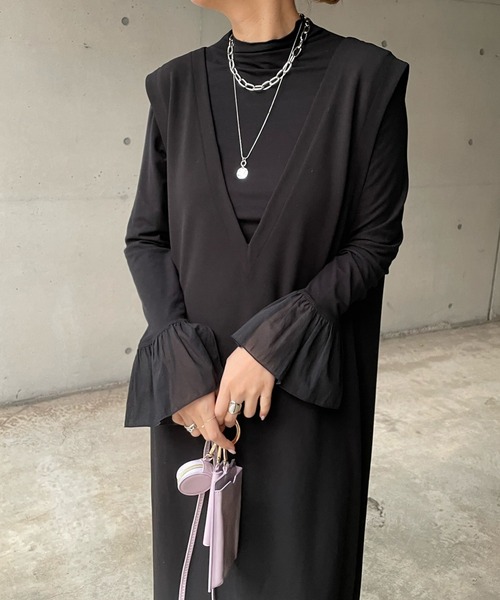 DouDou（ドゥドゥ）の「袖異素材フリルプルオーバー（Tシャツ/カットソー・レディース・オフホワイト/ライトグレー/ブラック・FREE）」の3枚目の写真