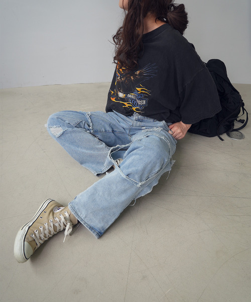 c.u.l（シーユーエル）の「ユニセックス レイヤードダメージ デニムワイドパンツ culw215（デニムパンツ・レディース・ブラック/ブルー・S/M/L/XL）」の13枚目の写真