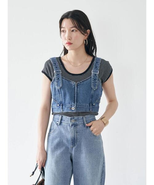 earth music&ecology(アースミュージックアンドエコロジー)の「ショルダーベルト付きデニムビスチェ(タンクトップ・レディース・インディゴブルー・FREE)」の16枚目の写真