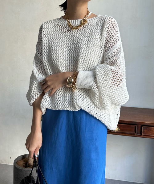 DouDou(ドゥドゥ)の「メッシュプルオーバー(ニット/セーター・レディース・オフホワイト/ブルー/ベージュ・FREE)」の1枚目の写真