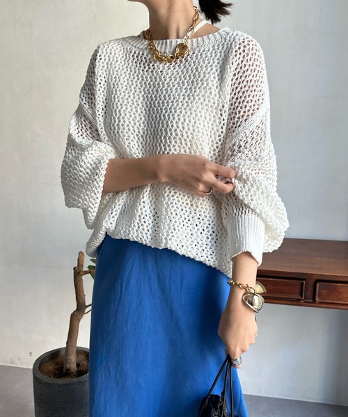 DouDou(ドゥドゥ)の「メッシュプルオーバー(ニット/セーター・レディース・オフホワイト/ブルー/ベージュ・FREE)」の9枚目の写真