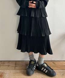 3段フリルスカート ロング ティアード プリーツ ブラック ホワイト
