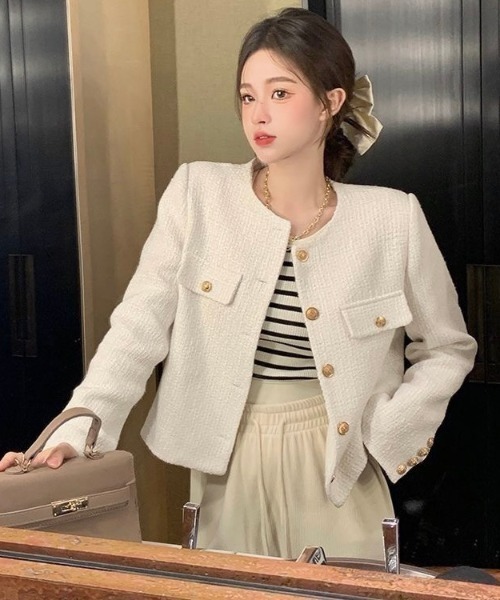 セール】ゴールドボタン丸首ショートジャケット（ノーカラージャケット