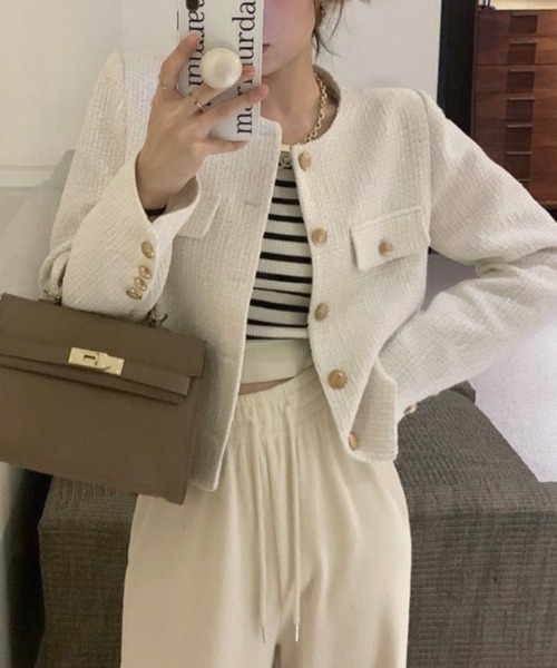 セール】ゴールドボタン丸首ショートジャケット（ノーカラージャケット