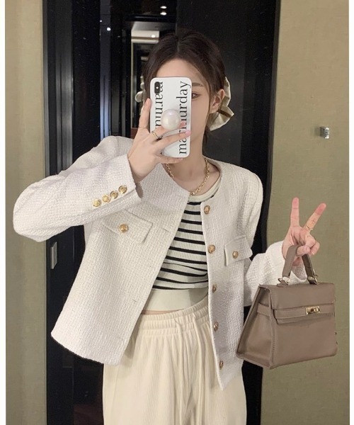 セール】ゴールドボタン丸首ショートジャケット（ノーカラージャケット