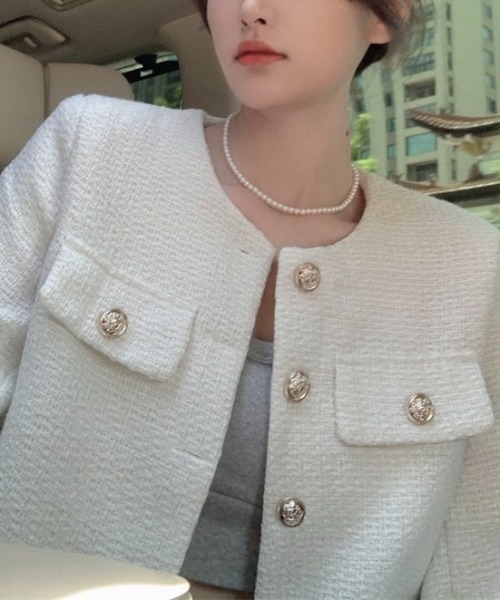 セール】ゴールドボタン丸首ショートジャケット（ノーカラージャケット