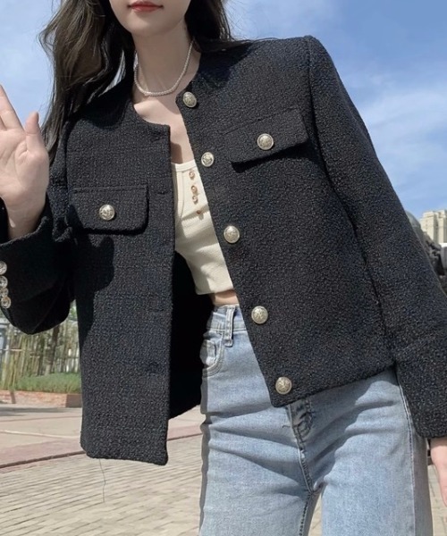 セール】ゴールドボタン丸首ショートジャケット（ノーカラージャケット