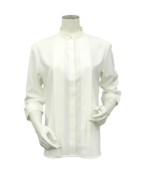 TOKYO SHIRTS（トウキョウシャツ）の「【吸水速乾】【COFREX】スタンドカラー ビジュー釦 七分袖ブラウス（ビジネスシャツ・レディース・ホワイト・S/LL/M/L）」の4枚目の写真