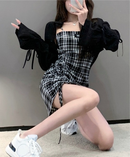 Chick(チック)の「Check Gather Dress / チェックギャザーキャミワンピース(ワンピース・レディース・ブラック・M/S)」の4枚目の写真