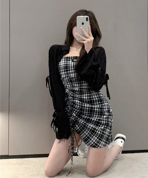 Chick(チック)の「Check Gather Dress / チェックギャザーキャミワンピース(ワンピース・レディース・ブラック・M/S)」の3枚目の写真