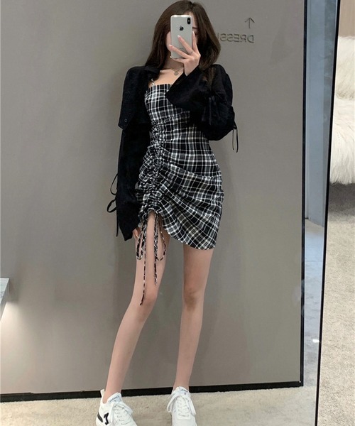 Chick(チック)の「Check Gather Dress / チェックギャザーキャミワンピース(ワンピース・レディース・ブラック・M/S)」の6枚目の写真