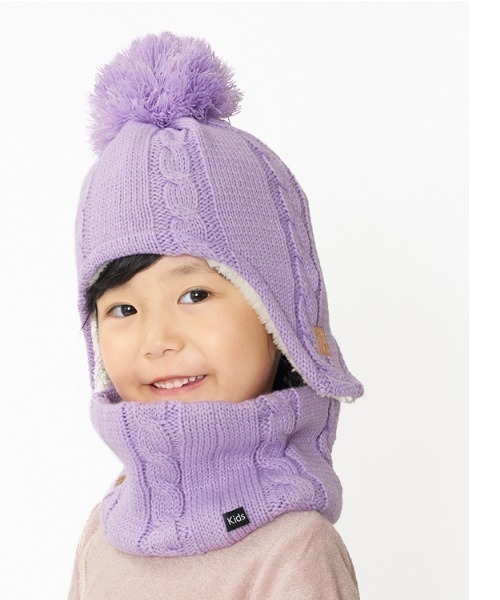 Kids Foret(キッズフォーレ)の「耳付アクリルケーブルニット帽子(ニットキャップ/ビーニー・キッズ・ブラック/ラベンダー/ブラウン/グレー・53/56/49)」の1枚目の写真