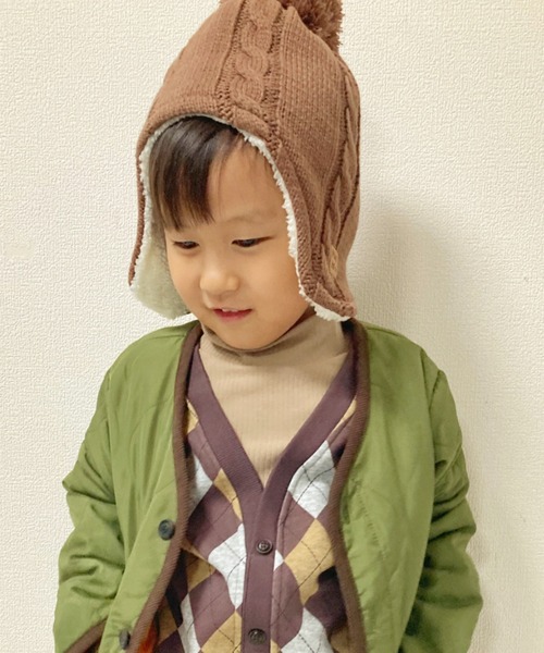 Kids Foret(キッズフォーレ)の「耳付アクリルケーブルニット帽子(ニットキャップ/ビーニー・キッズ・ブラック/ラベンダー/ブラウン/グレー・53/56/49)」の14枚目の写真