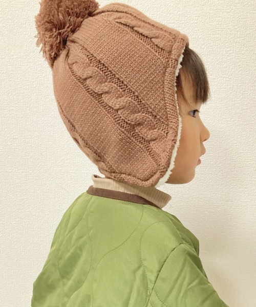 Kids Foret(キッズフォーレ)の「耳付アクリルケーブルニット帽子(ニットキャップ/ビーニー・キッズ・ブラック/ラベンダー/ブラウン/グレー・53/56/49)」の19枚目の写真