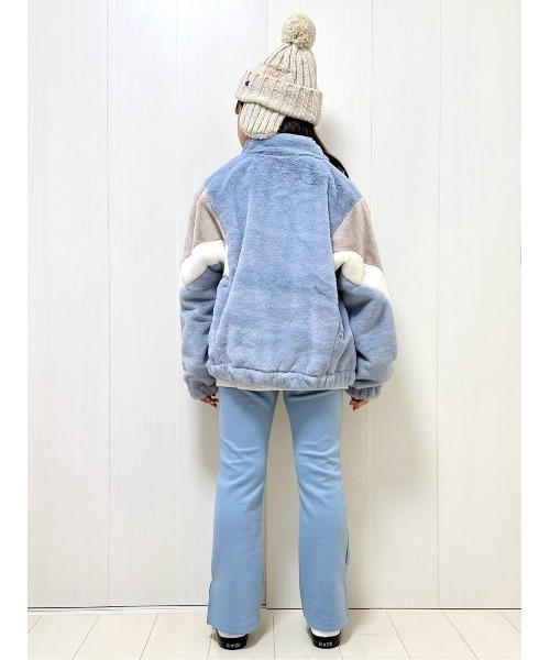ファー切替えブルゾン VIVIAN BLUE】フェイクファーシェブロン配色切り替えブルゾン