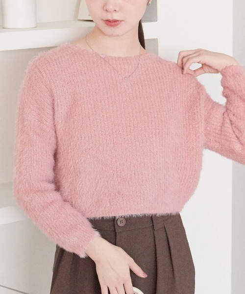 ECRIRE（エクリール）の「ラメ入りショートニット（ニット/セーター・レディース・ベージュ/グレー/オフホワイト/ピンク/ブラウン/ブラック・M）」の6枚目の写真