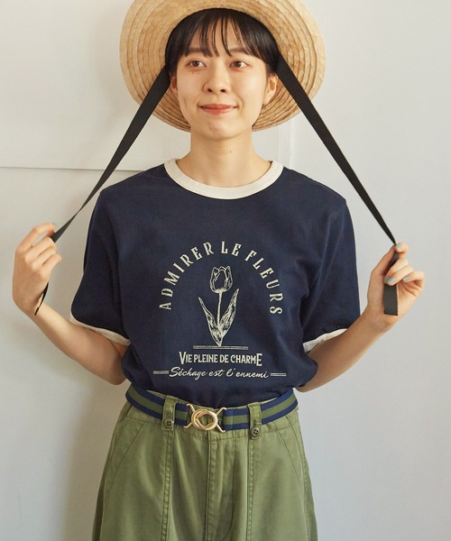 CHILD WOMAN（チャイルドウーマン）の「☆チューリッププリント リンガーTシャツ（Tシャツ/カットソー・レディース・ホワイト/ピンク/ネイビー/オレンジ/サックスブルー・FREE）」の3枚目の写真