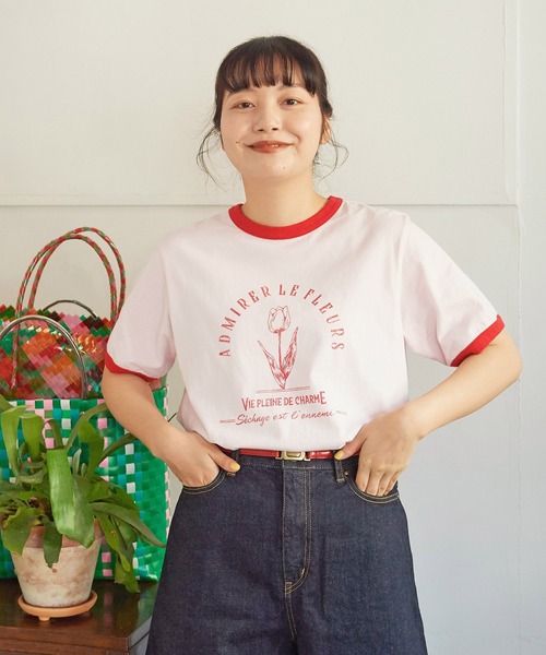 CHILD WOMAN（チャイルドウーマン）の「☆チューリッププリント リンガーTシャツ（Tシャツ/カットソー・レディース・ホワイト/ピンク/ネイビー/オレンジ/サックスブルー・FREE）」の20枚目の写真