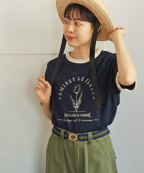 CHILD WOMAN（チャイルドウーマン）の「☆チューリッププリント リンガーTシャツ（Tシャツ/カットソー・レディース・ホワイト/ピンク/ネイビー/オレンジ/サックスブルー・FREE）」の8枚目の写真