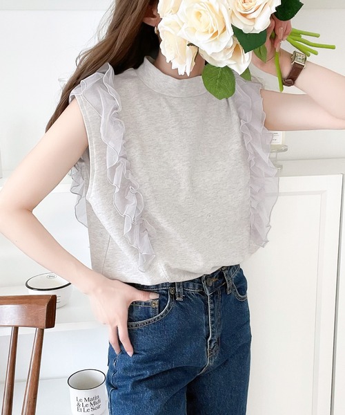 classicalelf(クラシカルエルフ)の「ふんわりチュールが即旬顔。チュールドッキングノースリーブトップス(Tシャツ/カットソー・レディース・モカ/オートミール/ブラック・LARGE/X-LARGE/MEDIUM/SMALL)」の3枚目の写真