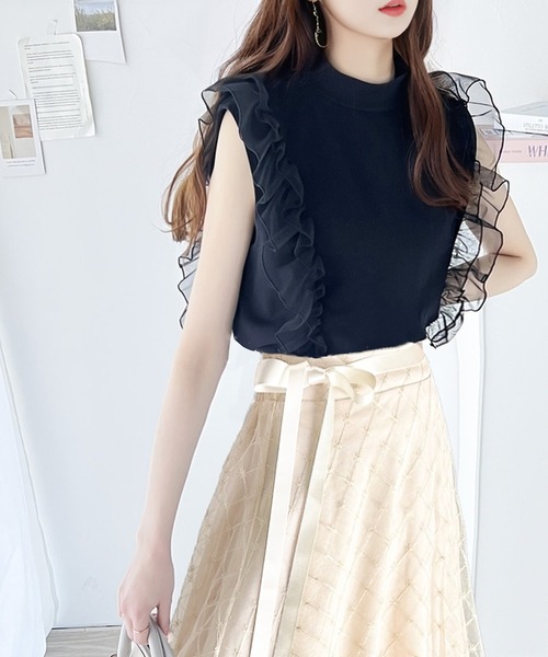 classicalelf(クラシカルエルフ)の「ふんわりチュールが即旬顔。チュールドッキングノースリーブトップス(Tシャツ/カットソー・レディース・モカ/オートミール/ブラック・LARGE/X-LARGE/MEDIUM/SMALL)」の2枚目の写真