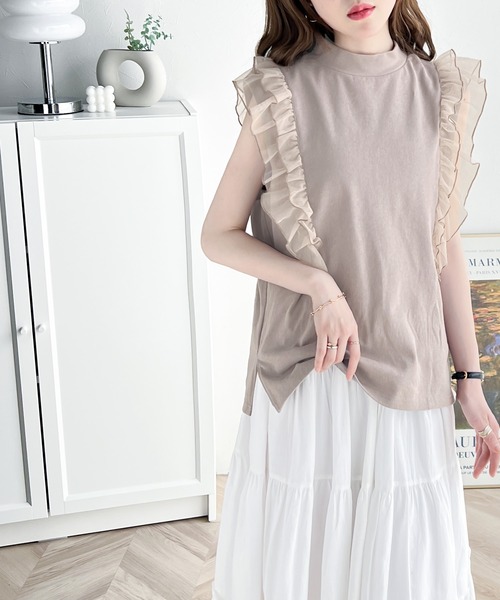 classicalelf(クラシカルエルフ)の「ふんわりチュールが即旬顔。チュールドッキングノースリーブトップス(Tシャツ/カットソー・レディース・モカ/オートミール/ブラック・LARGE/X-LARGE/MEDIUM/SMALL)」の11枚目の写真