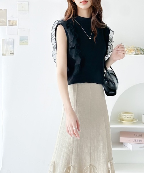 classicalelf(クラシカルエルフ)の「ふんわりチュールが即旬顔。チュールドッキングノースリーブトップス(Tシャツ/カットソー・レディース・モカ/オートミール/ブラック・LARGE/X-LARGE/MEDIUM/SMALL)」の15枚目の写真