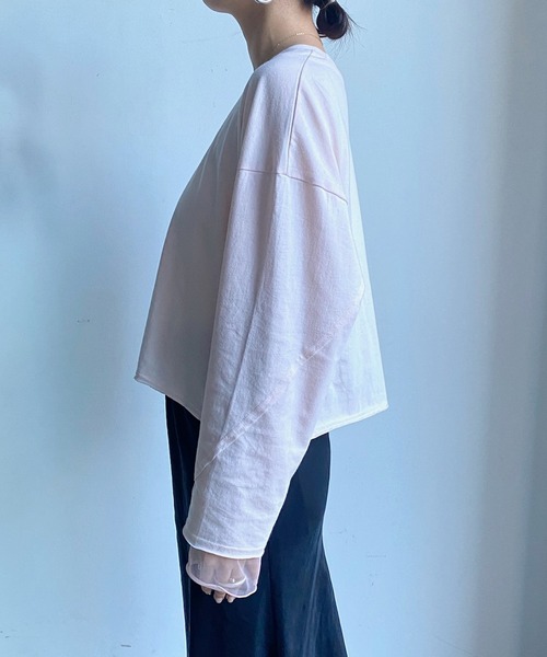 DouDou（ドゥドゥ）の「袖チュールドッキングTEE（Tシャツ/カットソー・レディース・オフホワイト/ピンク/ネイビー・FREE）」の4枚目の写真
