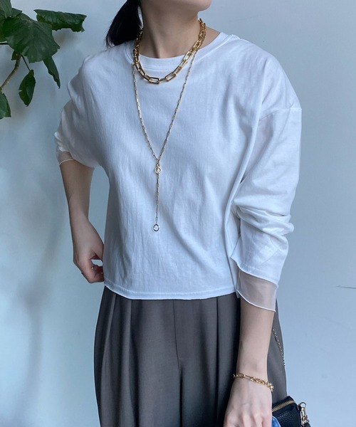 DouDou（ドゥドゥ）の「袖チュールドッキングTEE（Tシャツ/カットソー・レディース・オフホワイト/ピンク/ネイビー・FREE）」の10枚目の写真