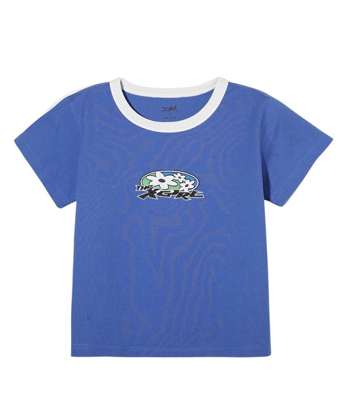 X-girl（エックスガール）の「FLOWER OVAL LOGO S/S BABY TEE（Tシャツ/カットソー・レディース・ブルー/ブラック/ホワイト・S/M）」の3枚目の写真