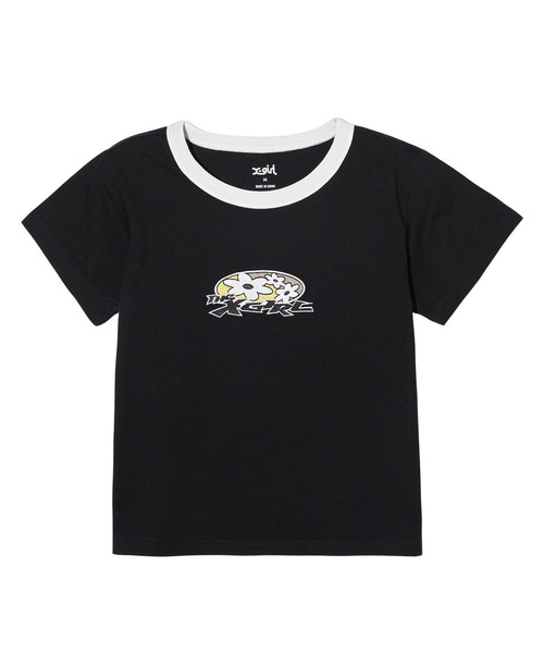 X-girl（エックスガール）の「FLOWER OVAL LOGO S/S BABY TEE（Tシャツ/カットソー・レディース・ブルー/ブラック/ホワイト・S/M）」の2枚目の写真