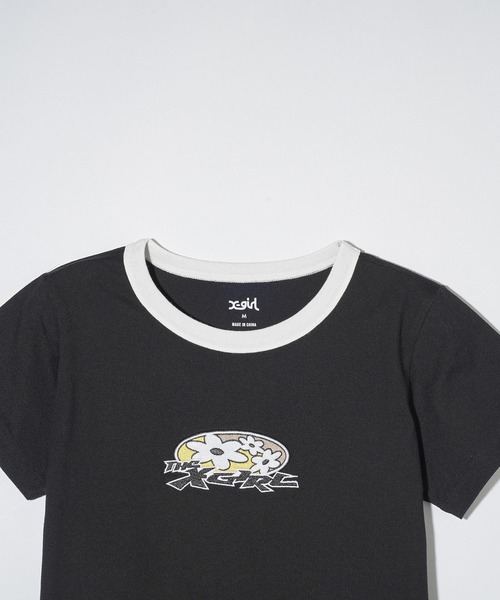 X-girl（エックスガール）の「FLOWER OVAL LOGO S/S BABY TEE（Tシャツ/カットソー・レディース・ブルー/ブラック/ホワイト・S/M）」の6枚目の写真