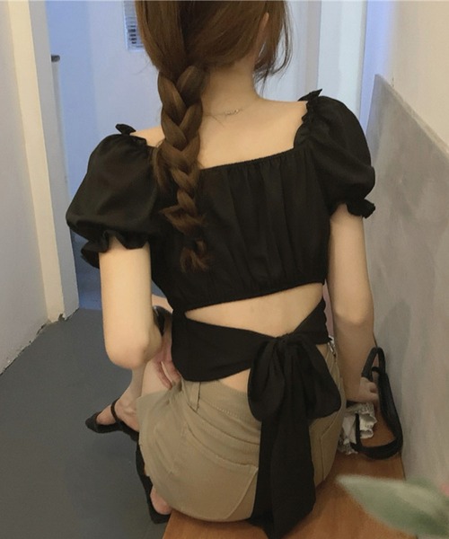 ソブ　sov. バックリボンパフスリーブ　トップス36黒 GLAMOROUS JANE tシャツ パフスリーブバックリボンクロップド丈