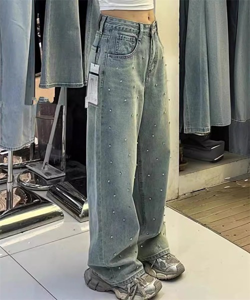 セール】きらきらストーンワイドデニムパンツ（デニムパンツ