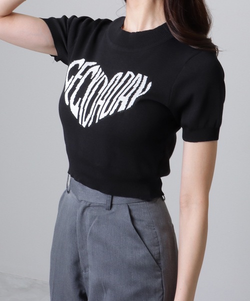 Lace Ladies（レースレディース）の「ハートロゴ コンパクト 半袖 ニット プルオーバー（ニット/セーター・レディース・ブラック/ホワイト・FREE）」の6枚目の写真