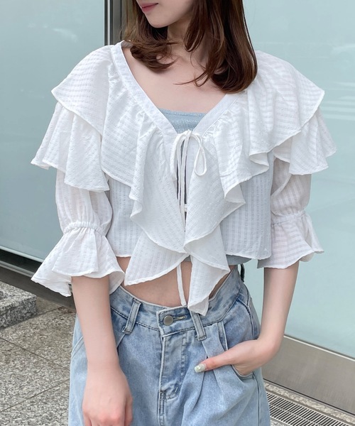 one way（ワンウェイ）の「ラッフルフリルリボンブラウスカーディガン（カーディガン/ボレロ・レディース・ホワイト/ブルー/ブラック・FREE）」の2枚目の写真