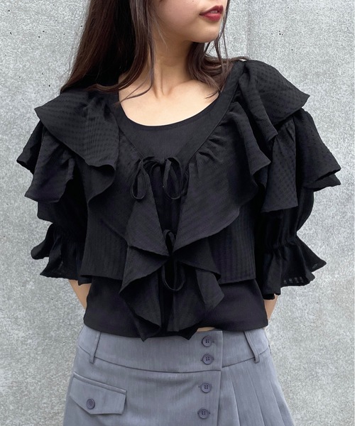 one way（ワンウェイ）の「ラッフルフリルリボンブラウスカーディガン（カーディガン/ボレロ・レディース・ホワイト/ブルー/ブラック・FREE）」の3枚目の写真