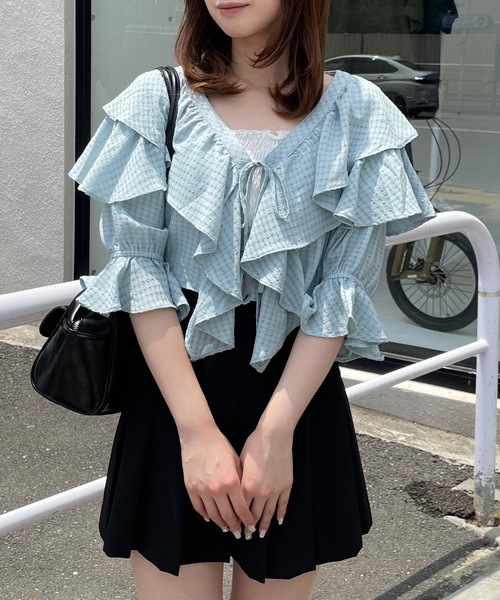 one way（ワンウェイ）の「ラッフルフリルリボンブラウスカーディガン（カーディガン/ボレロ・レディース・ホワイト/ブルー/ブラック・FREE）」の5枚目の写真