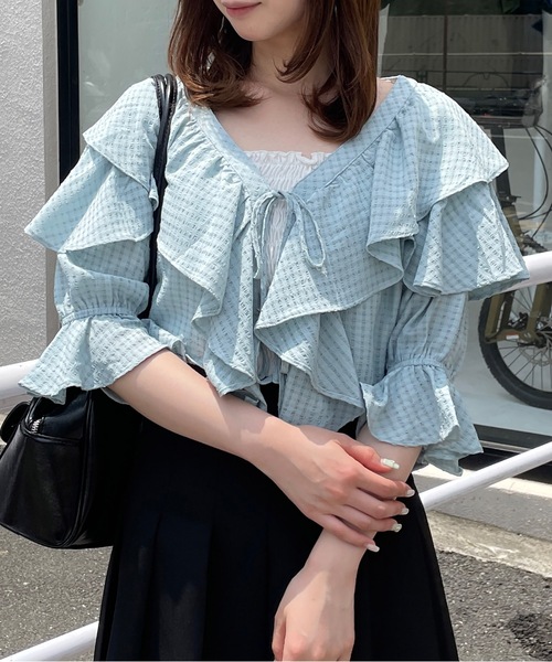 one way（ワンウェイ）の「ラッフルフリルリボンブラウスカーディガン（カーディガン/ボレロ・レディース・ホワイト/ブルー/ブラック・FREE）」の4枚目の写真