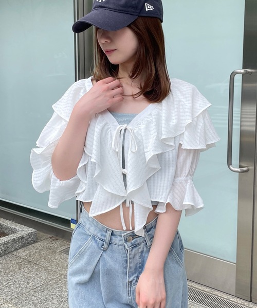 one way（ワンウェイ）の「ラッフルフリルリボンブラウスカーディガン（カーディガン/ボレロ・レディース・ホワイト/ブルー/ブラック・FREE）」の11枚目の写真