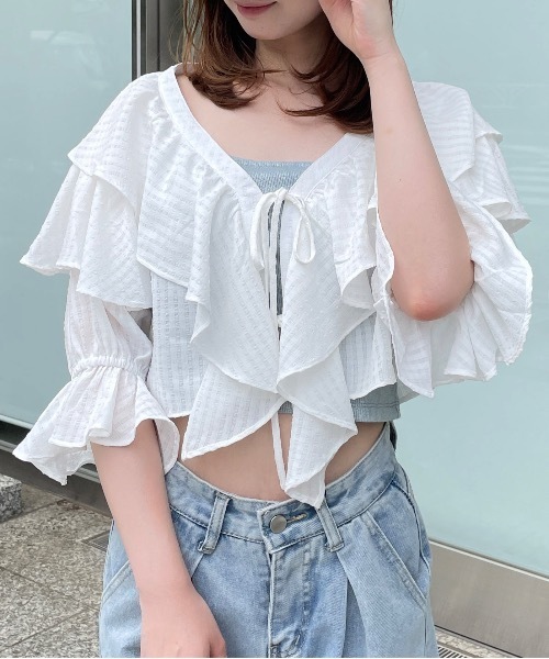 one way（ワンウェイ）の「ラッフルフリルリボンブラウスカーディガン（カーディガン/ボレロ・レディース・ホワイト/ブルー/ブラック・FREE）」の10枚目の写真