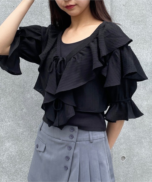 one way（ワンウェイ）の「ラッフルフリルリボンブラウスカーディガン（カーディガン/ボレロ・レディース・ホワイト/ブルー/ブラック・FREE）」の18枚目の写真
