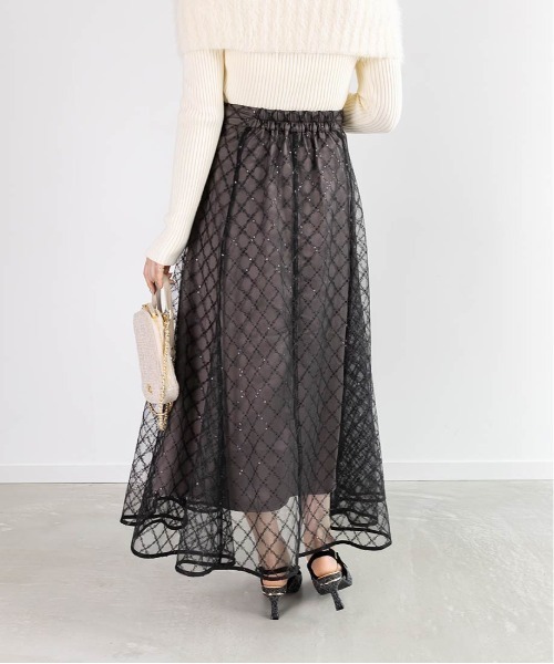 シルバー フレアスカート スパンコール刺繍 きらきらスパンコール入り3Dフラワー刺繍バックレースアップ