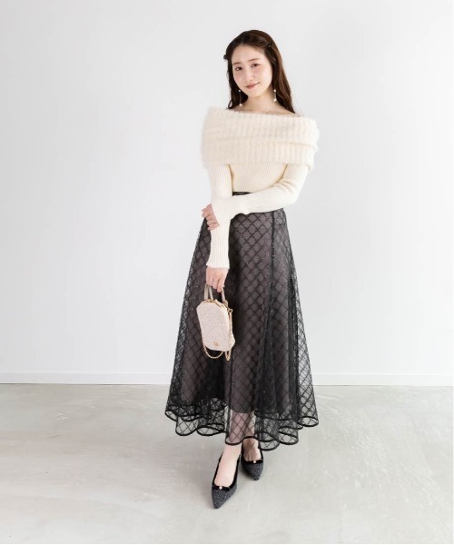 シルバー フレアスカート スパンコール刺繍 きらきらスパンコール入り3Dフラワー刺繍バックレースアップ