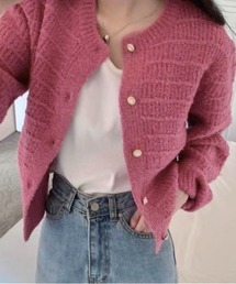 パールボタン丸首カーディガン