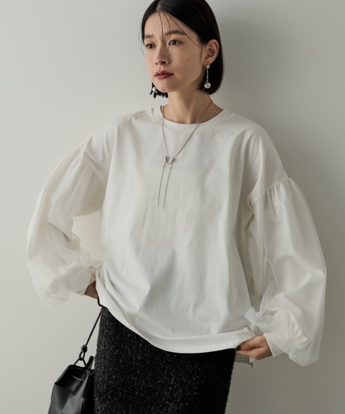 Shelly island(シェリーアイランド)の「チュールスリーブカットソー(Tシャツ/カットソー・レディース・ホワイト/ブラック・FREE)」の2枚目の写真