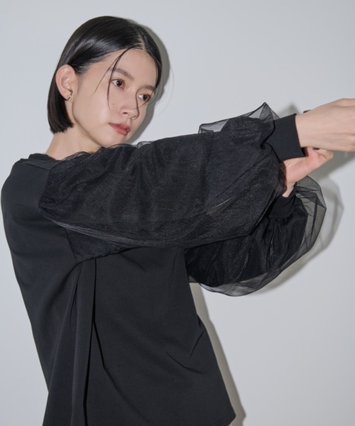 Shelly island(シェリーアイランド)の「チュールスリーブカットソー(Tシャツ/カットソー・レディース・ホワイト/ブラック・FREE)」の3枚目の写真