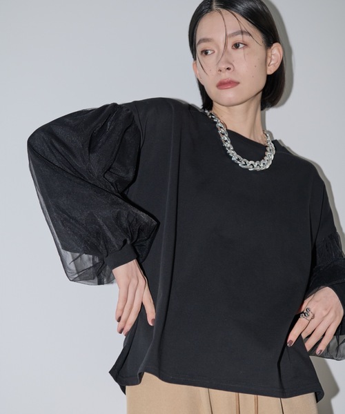 Shelly island(シェリーアイランド)の「チュールスリーブカットソー(Tシャツ/カットソー・レディース・ホワイト/ブラック・FREE)」の4枚目の写真